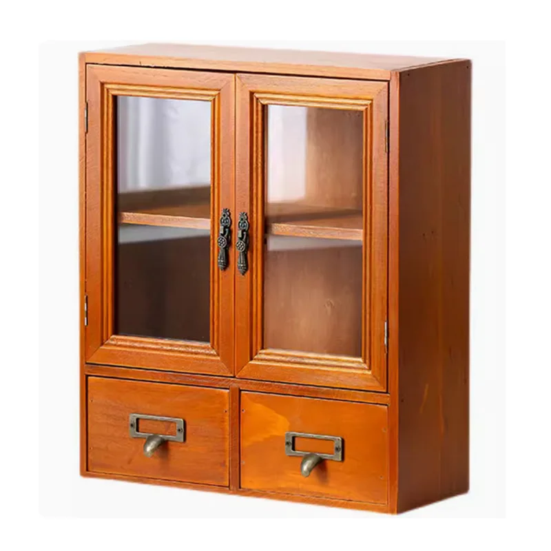 Cute Beautiful Handmade Tabletop Standing Vintage Wood Mini Cabinet with Doors Drawers