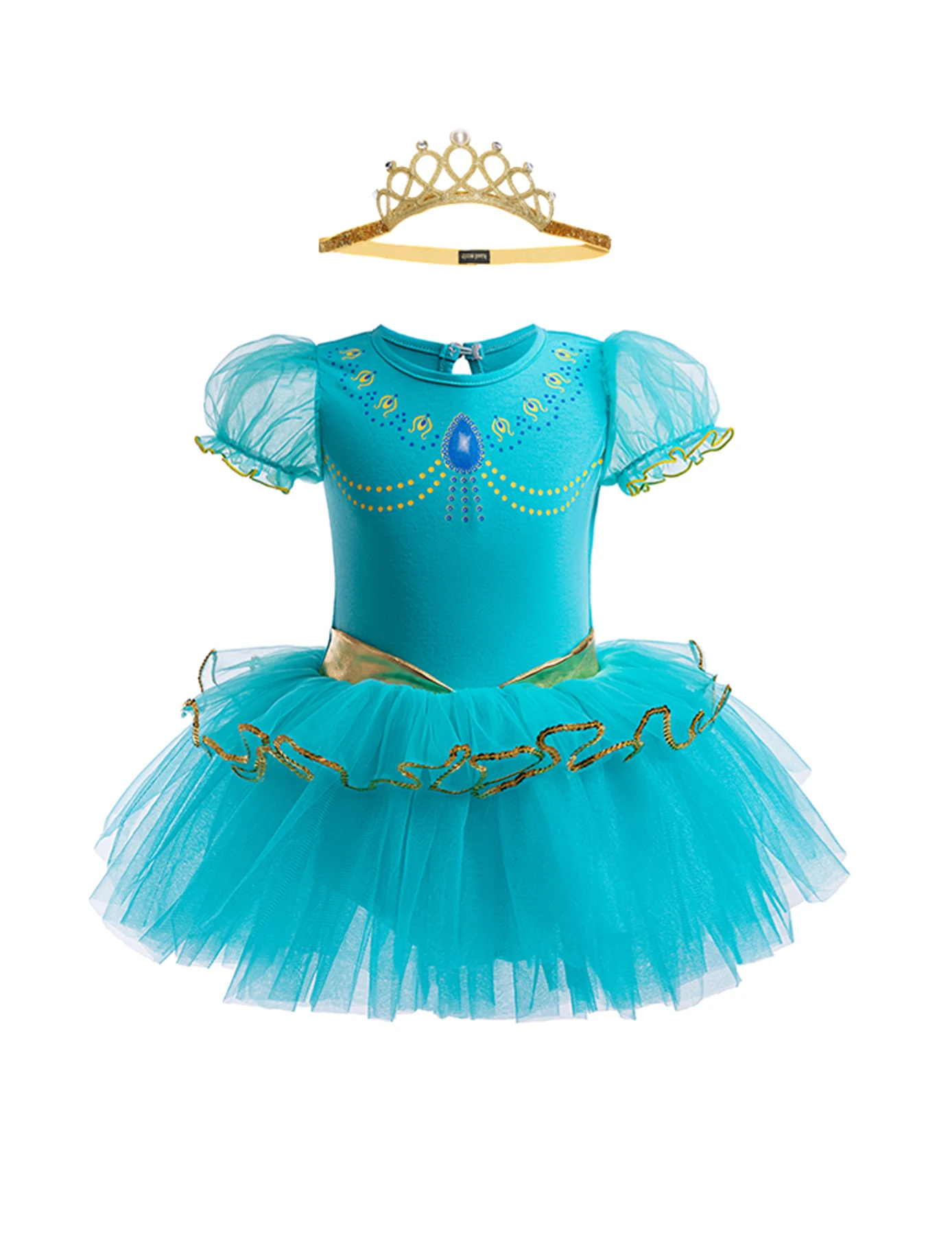 

Girls' Ballet Tutu Dress - Gem - Embellished, Puff Sleeve, Golden Detailing, for Christmas/Halloween - Tiara Included
