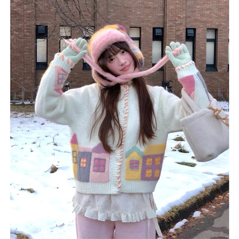 

Harajuku Print Knitted Cardigan Women Kawaii Cute Sweater Outerwears Korean Long Sleeve Knitwears Winter Casual Design Jumpers