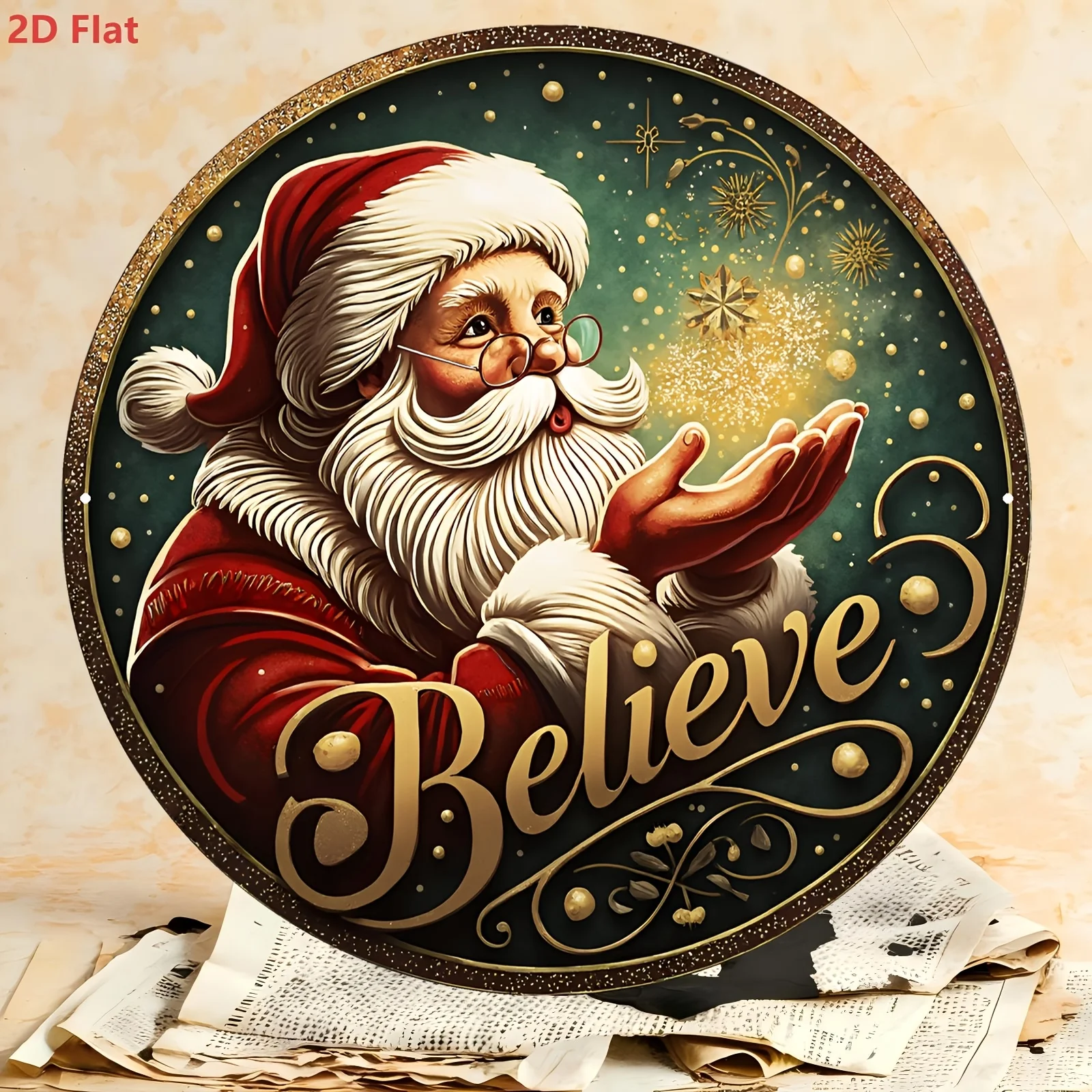 2D Flat - 1pc Round Wooden Sign with Santa Claus And 