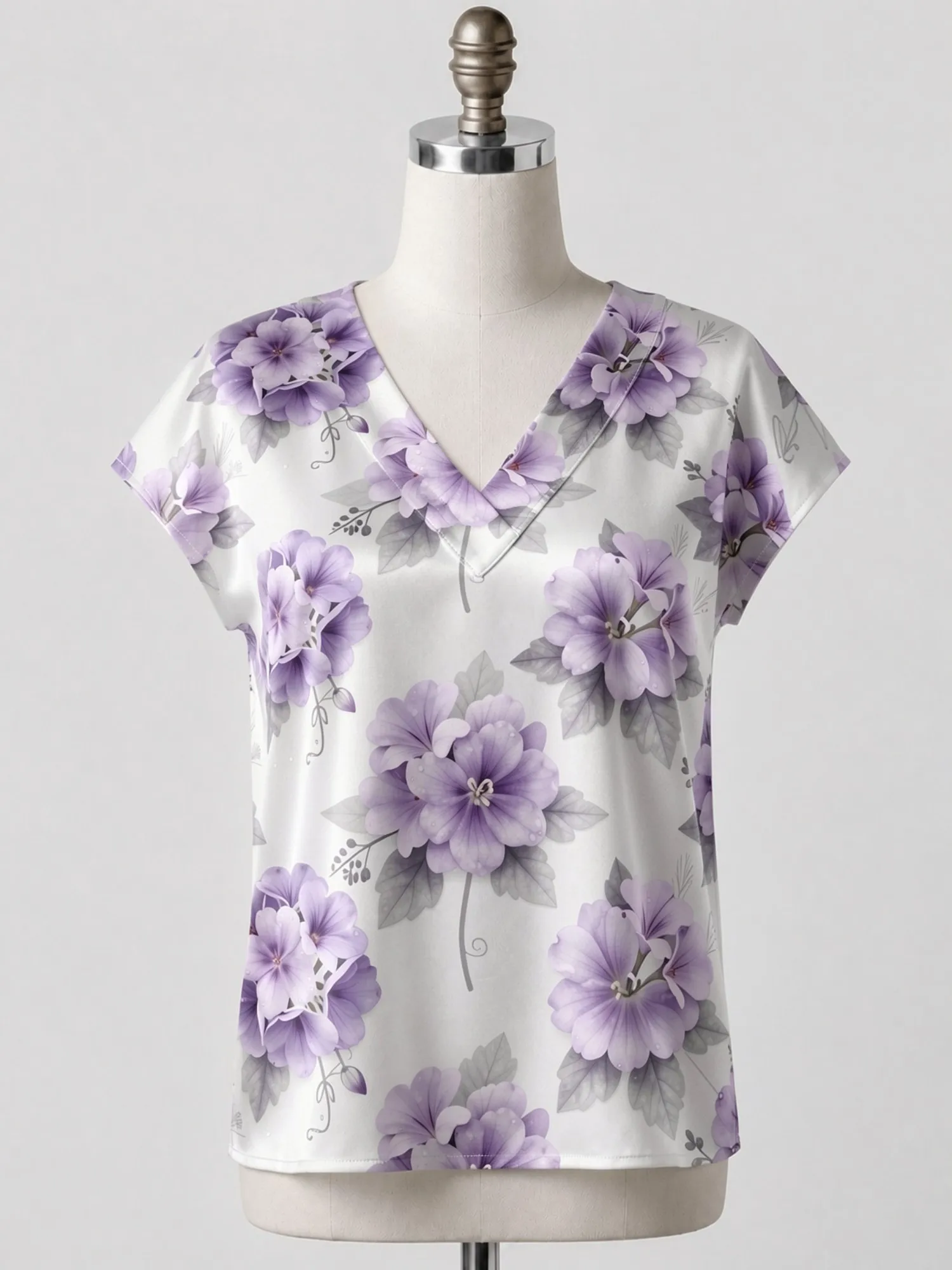 Floral Satin V Neck Top for Women Cap Sleeve Loose Draped Fit Silky Light Vacation Daily Wear Lightweight Breathable Spring Glam