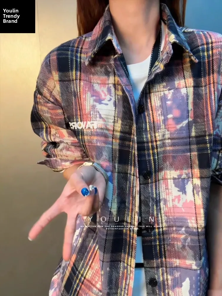 

Purple Dyed Plaid Long Sleeve Men's Shirt Spring Autumn High Sensation Cool Couple Outerwear Loose Fit Casual Style Polyester...