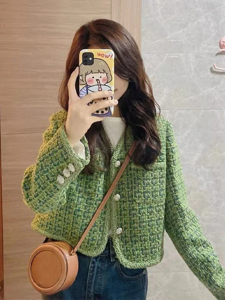 

Zoki Green Slim Tweed Jacket Women Vintage Long Sleeve Fall Casual Korean Short Coat Sweet Retro Female All Match Elegant Tops