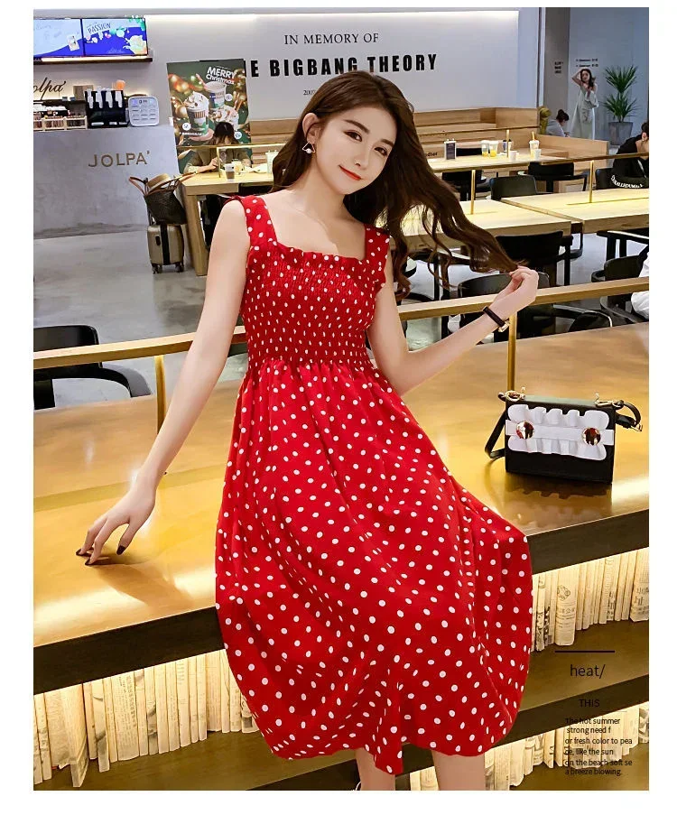 Damen Sommer Polka Dot Chiffon Langes Kleid Elegantes Quadratischer Ausschnitt Ärmelloses Kleid Lässige Damenkleider – Detail 23