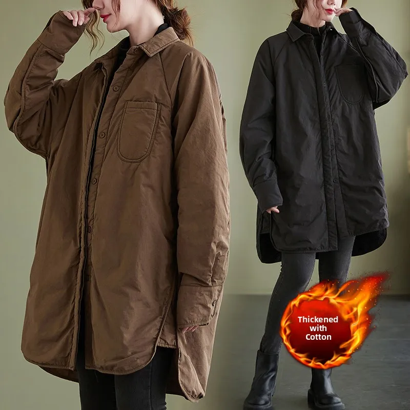 

Loose Long Casual Cotton Jacket Artistic Style Korean Version Winter New Arrival Pure Color Anti-Aging Large Size Top