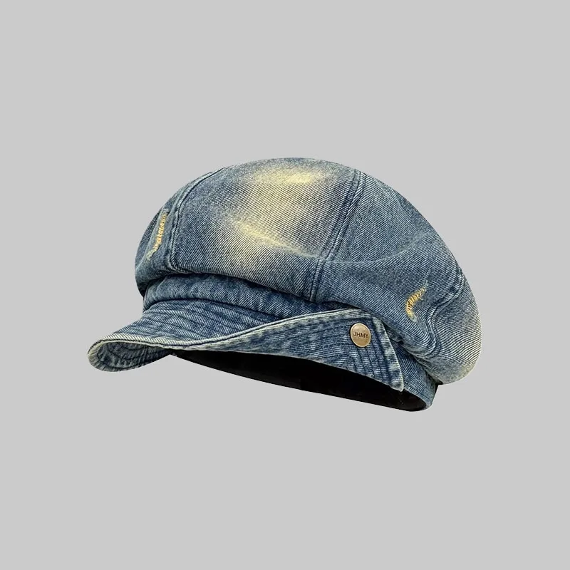 Washed Denim Octagonal Cap Women Vintage Distressed Newsboy Cap Streetwear Jean Flat Cabbie Gatsby Beret Adjustable Sun Hat