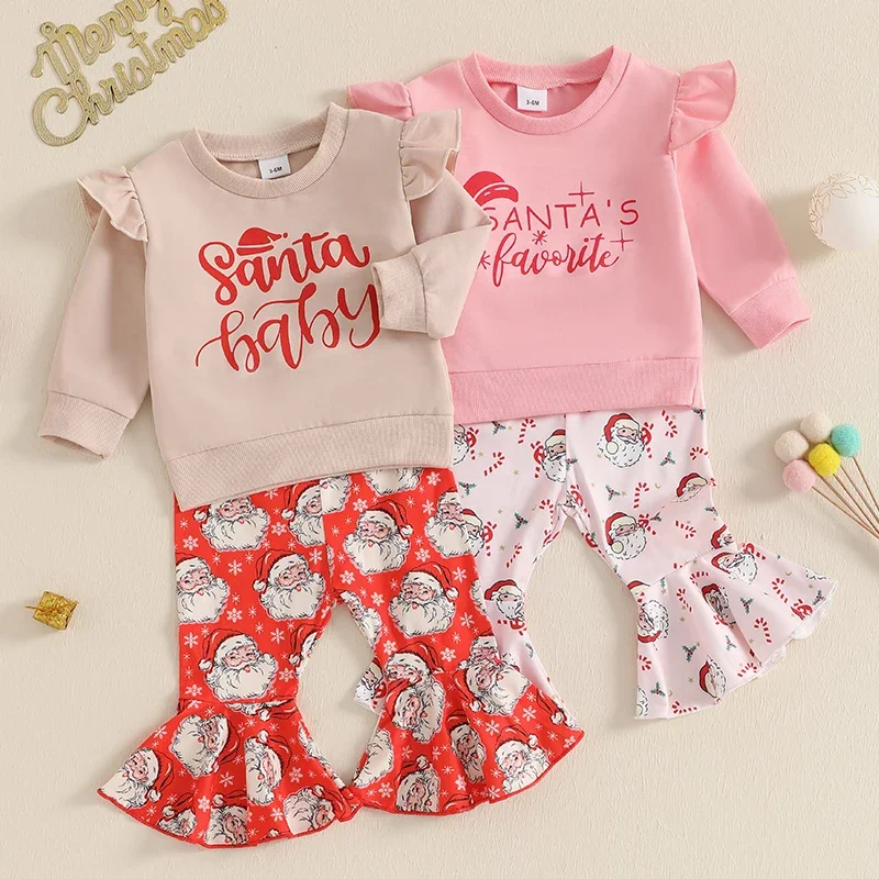 

Toddler Kids Girls Christmas Clothes Baby Letter Ruffle Sweatshirts Santa Claus Print Flare Pants Sets Xmas Costume