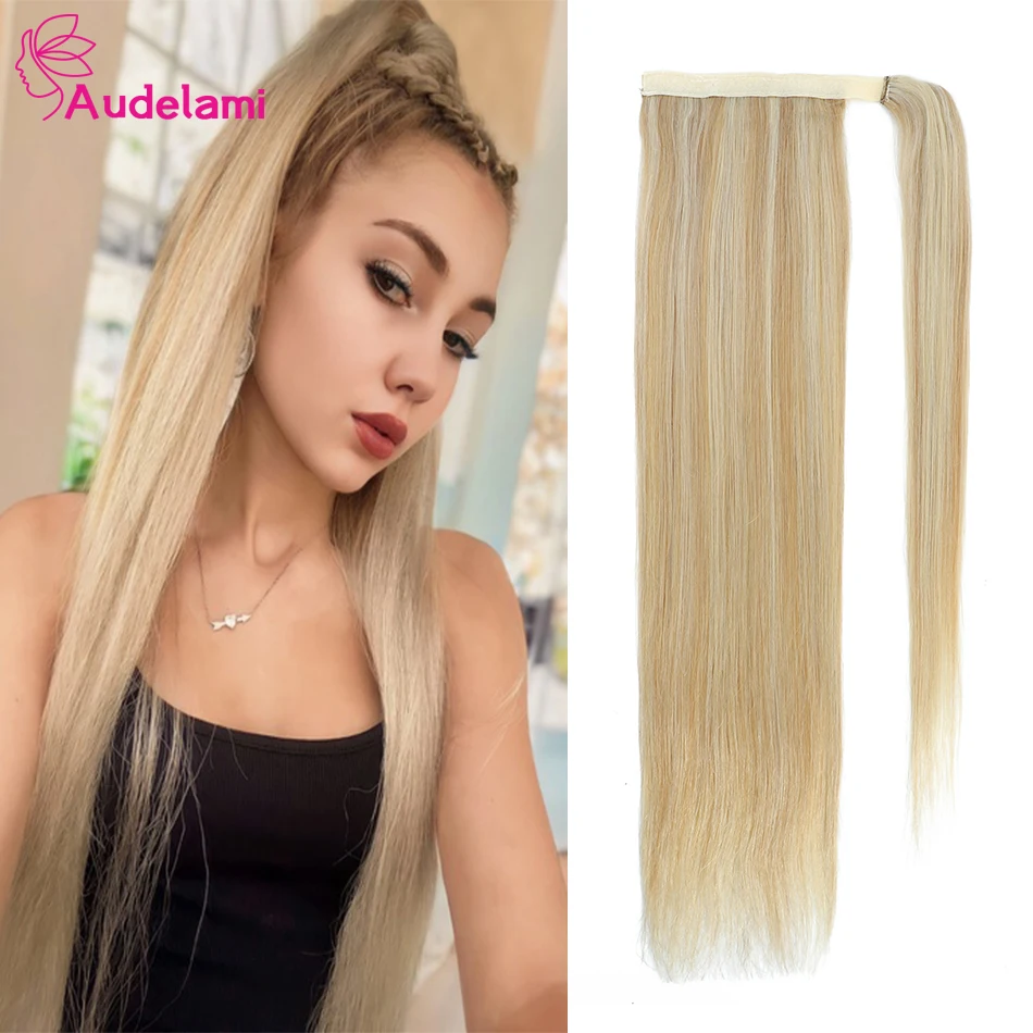 Audelami Warp Around Ponytail Human Hair Long Straight Natural Brazilian Human Remy Hair Extensions 18-28inches For Women