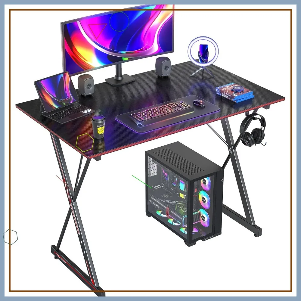 47-Inch Carbon Fiber Gaming Desk with Headphone Hook, Sturdy Steel Frame for Home Office