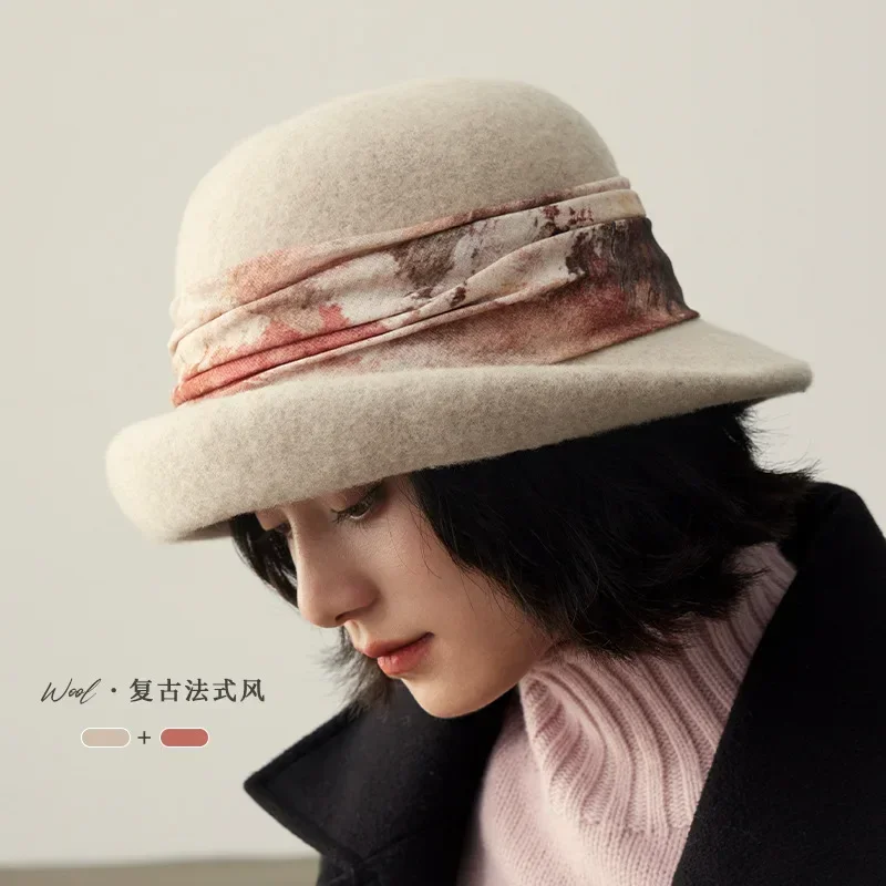 Luxurious Women's Wool Fisherman Hat with Ink Ribbon and Folded Edge