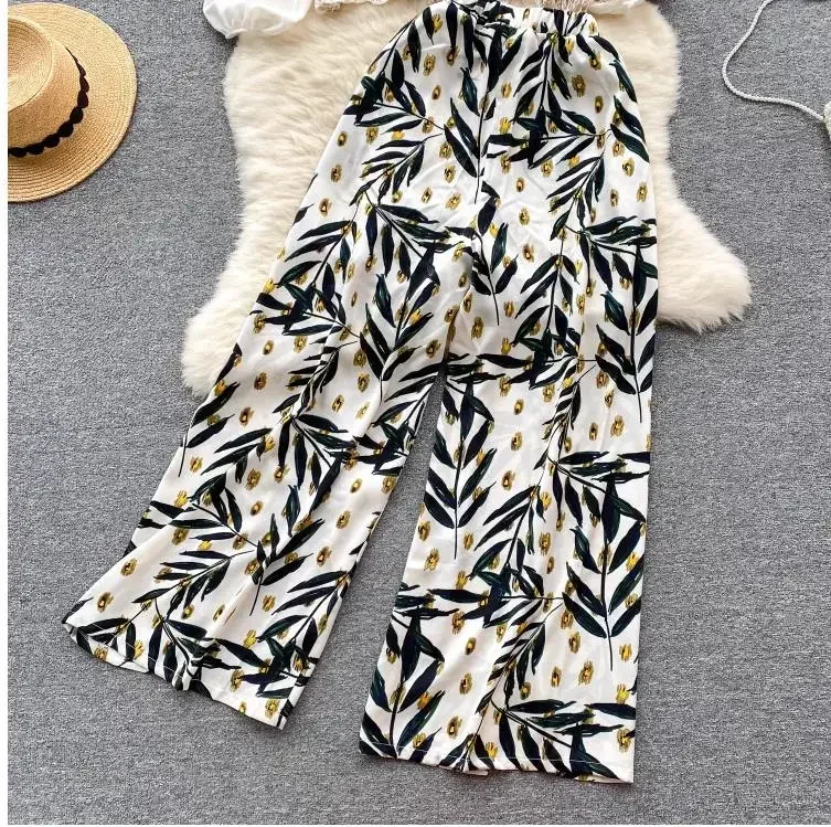 

women wide leg trousers Summer Leaf Printed Pants Women Loose Chiffon Pants