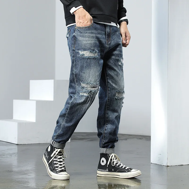 Autumn and winter ripped jeans men's large size scratched wide-leg pants new patch beggar pants trend casual pants