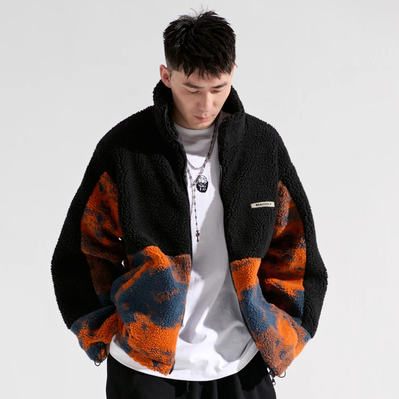 

Winter Tie-Dyed Lambswool Rabbit Fur Coat Cotton-Padded Clothes Couple Clothes Stitching Loose Hip Hop Men and Women