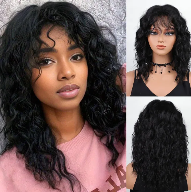 

Women Long Black water wave Curly Wig with Bangs for Wigs with Bangs Wig