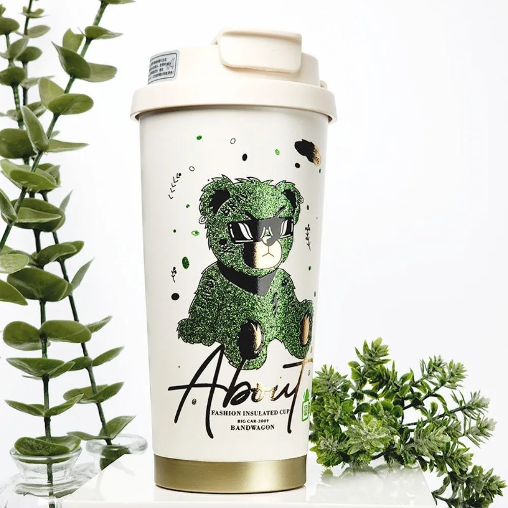 

High Quality 520ML Straw Cup Stainless Steel Cartoon Bear Printed Water Cup with Straw Large Capacity Insulated Cup