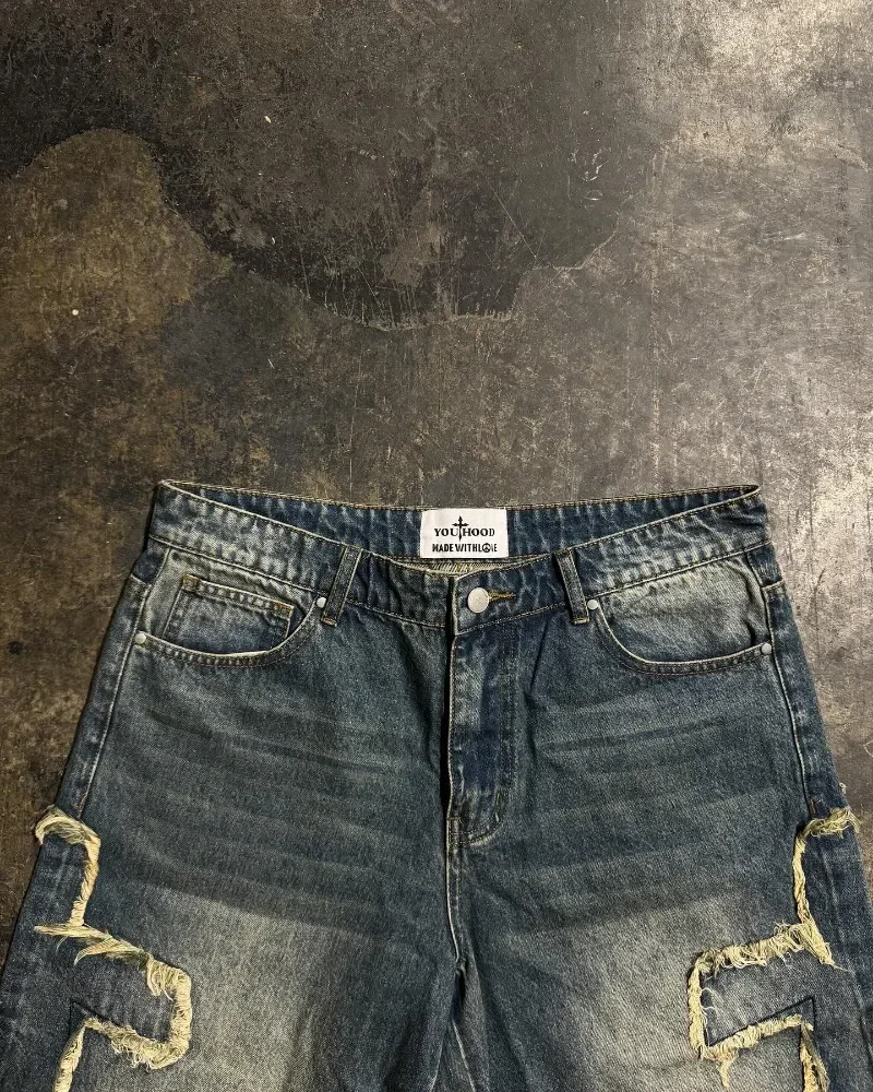 Hoge Kwaliteit Oversized Y 2K Denim Cross Rauw Edge Borduurwerk Shorts Heren Zomer Street Hiphop Distressed Gewassen Joggingbroek