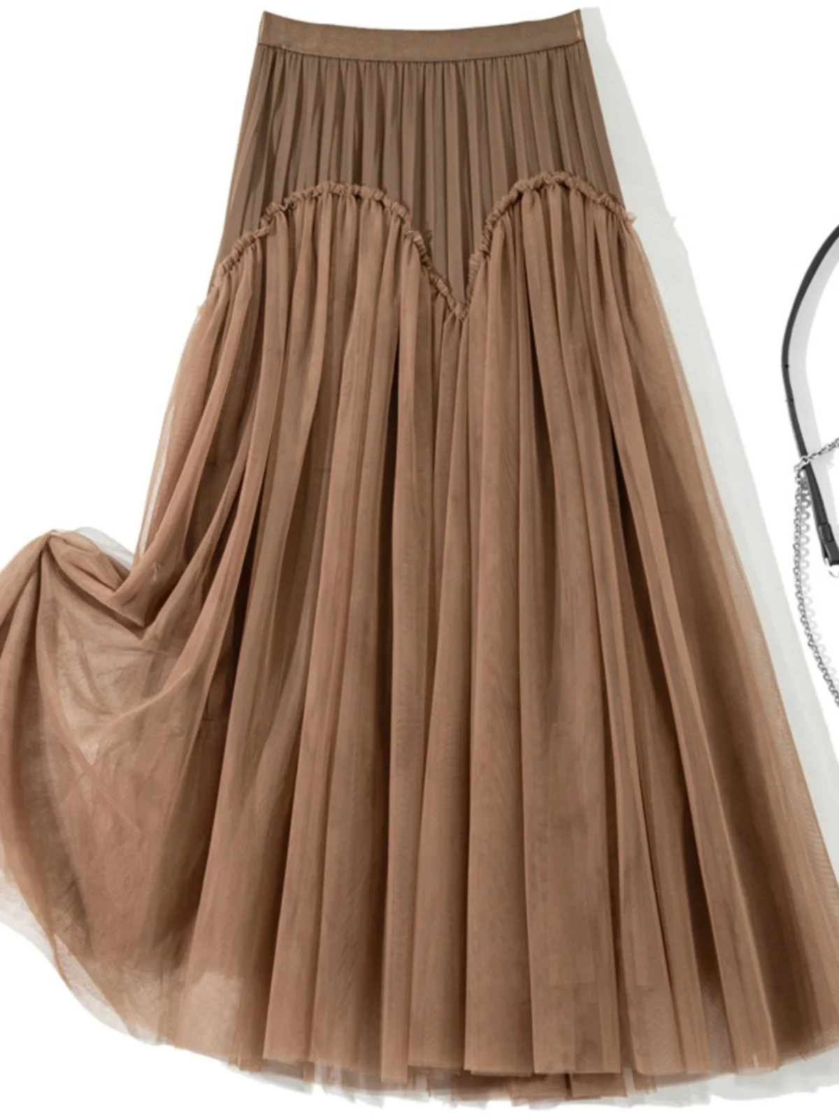 

Elegant Color Block Wooden Tulle Half Skirt Midi Spring Summer Elegant Draping Skirt High Waist Polyester Fiber