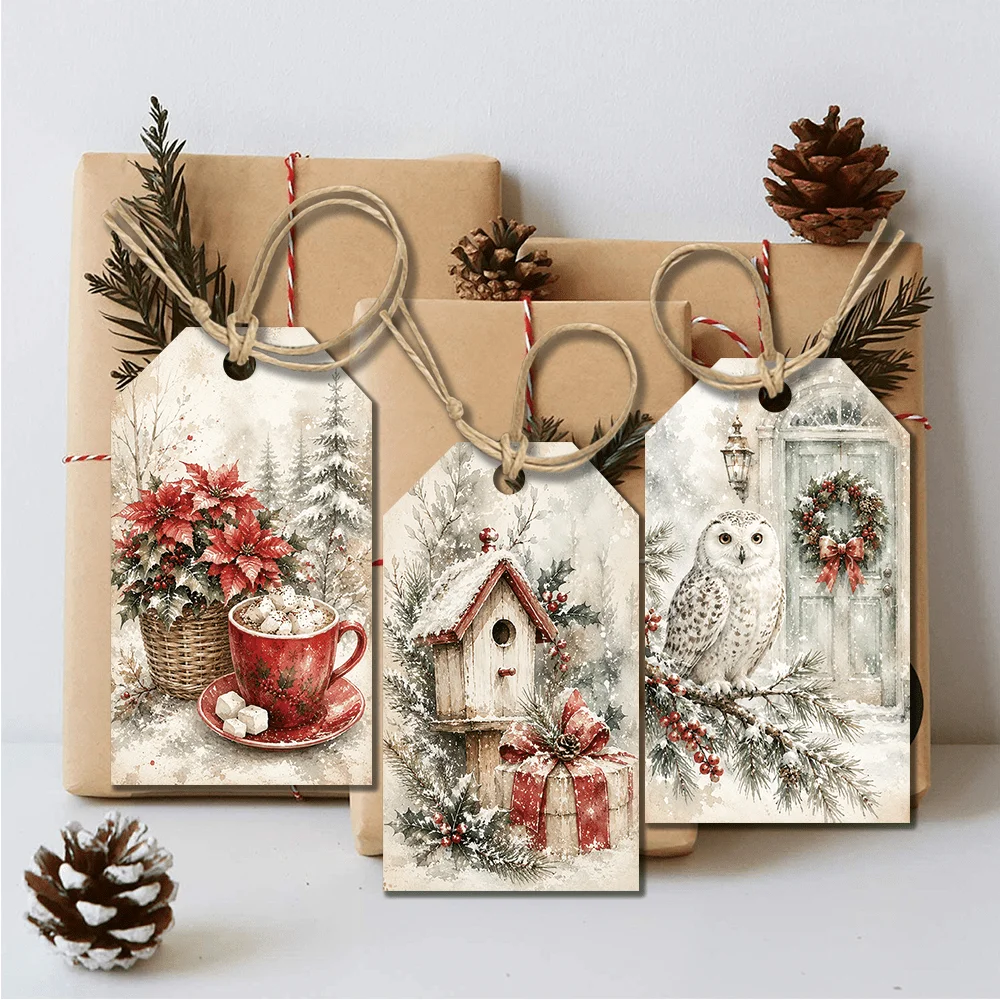 40 Stück Winter-Weihnachts-Dekorationsanhänger, Feiertagsgeschenketiketten, Partydekorationen, handgemachte Verpackungszubehörteile, Juteseil – Detail 4