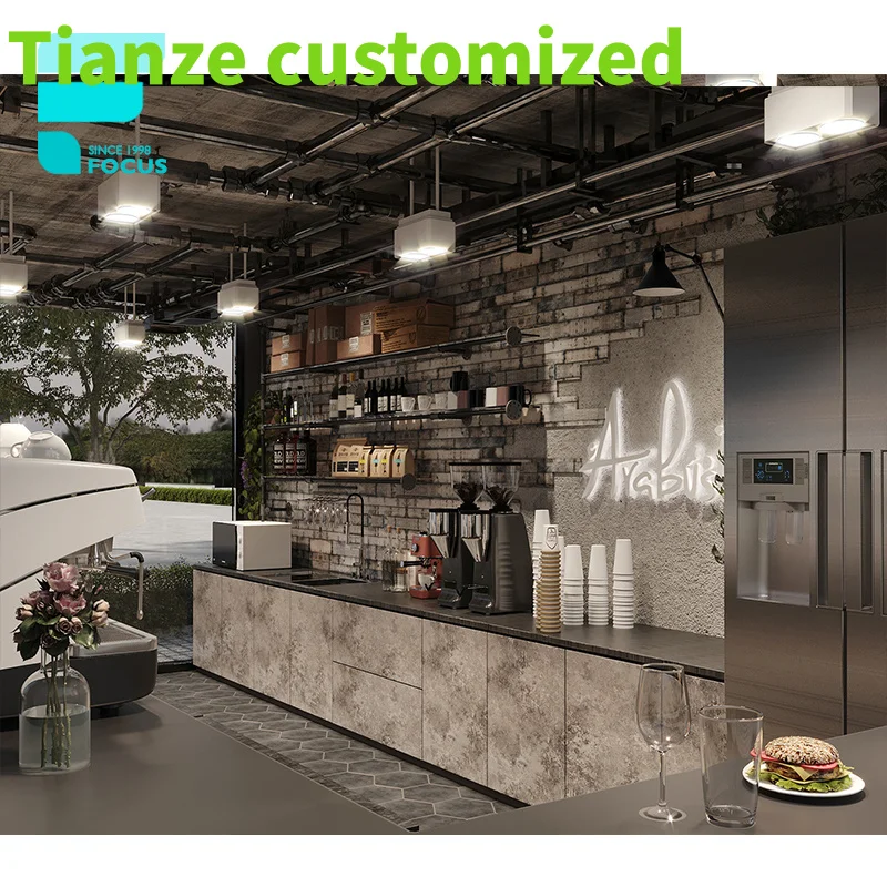 {customized}Coffee Shop Equipment Display Wooden Table With Big Bar Marble Counter Luxury Cafe Shops