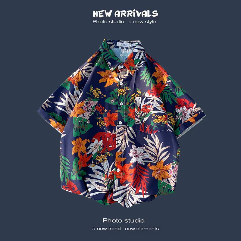 

Summer Short Sleeve Shirt Men's Beach Super Hot Fragmented Flower Korean Version Loose Couple Luxury Design Half Sleeve Shirt