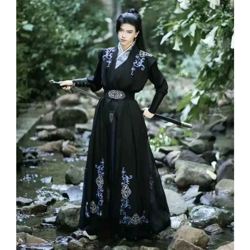

Men's Dark Black Sewed Hanfu Traditional Chinese Song Dynasty Costume Stylish Night Swordsman Cosplay Clothing Halloween Outfit