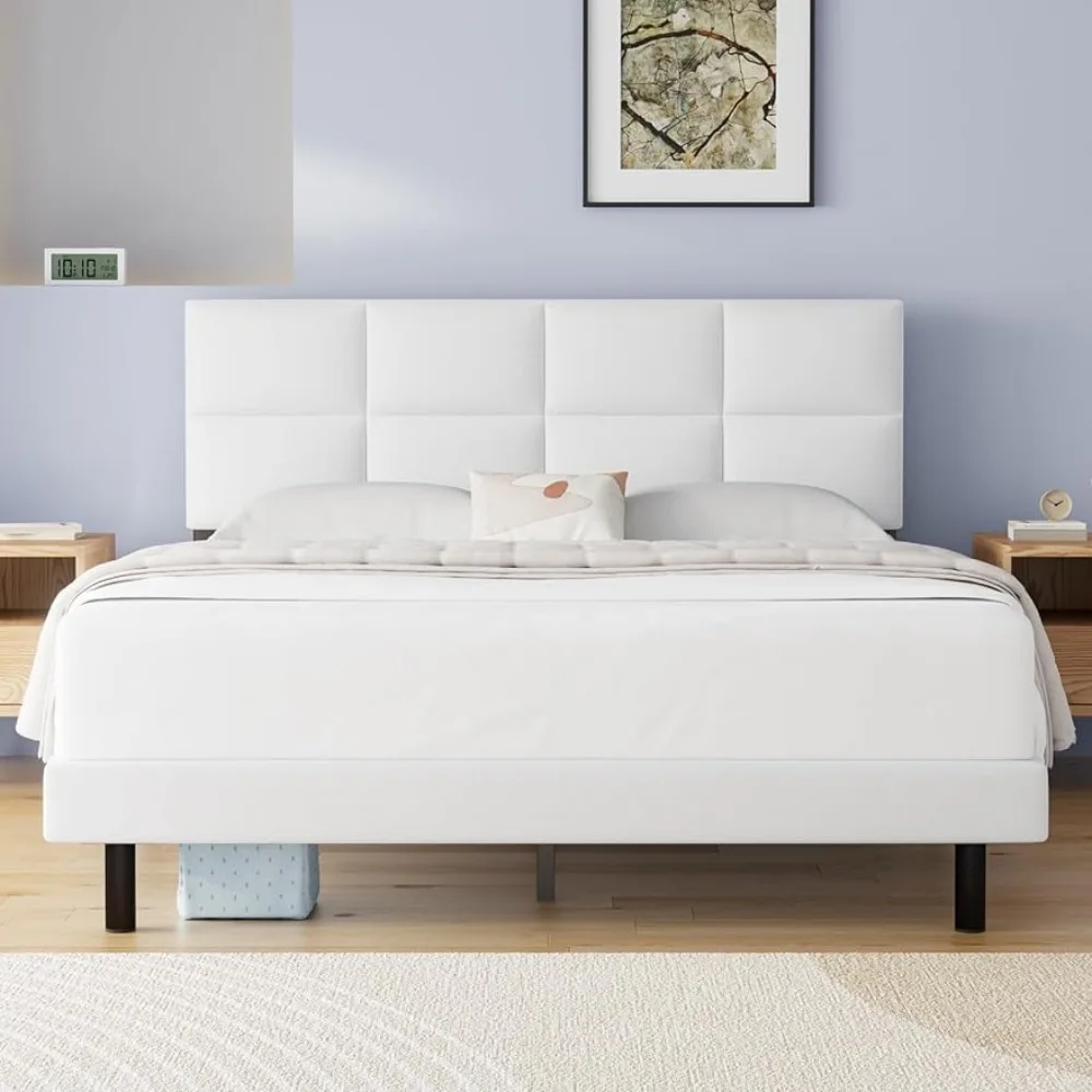 

No Spring Required Queen Bed Frame Upholstered Headboard Sturdy Frame and Wooden Slat Supports Anti-slip and Noiseless Frames