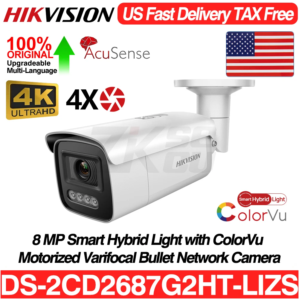 Hikvision Original DS-2CD2687G2HT-LIZS 8MP 4K Smart Hybrid Light ColorVu AcuSense 4X ZOOM SD Slot POE Alarm I/O CCTV IP Camera