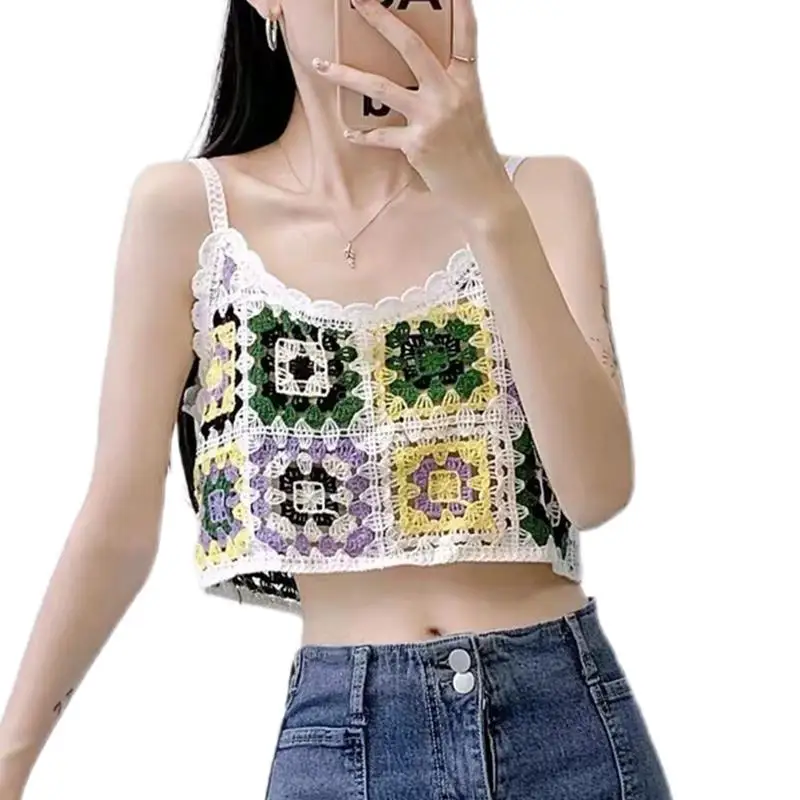 Women Summer Boho Crochet Camisole Cropped Tops Colorful Hollow French Style Sleeveless Openwork Tank Ladies Beachwear