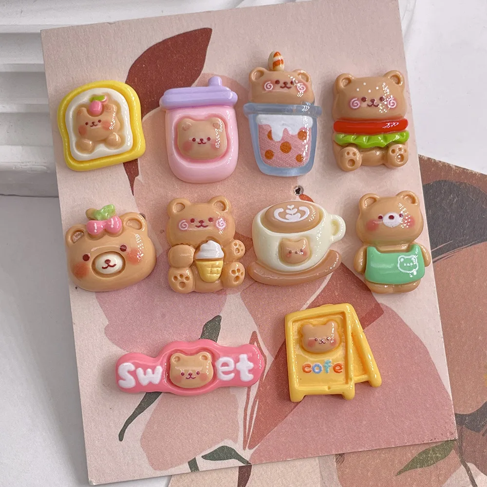 10pcs Cartoon Ice Cream Bread Hamburger Bottle Milk Tea Cup Bear Animal Flatbacks Accesorios Para Celulares