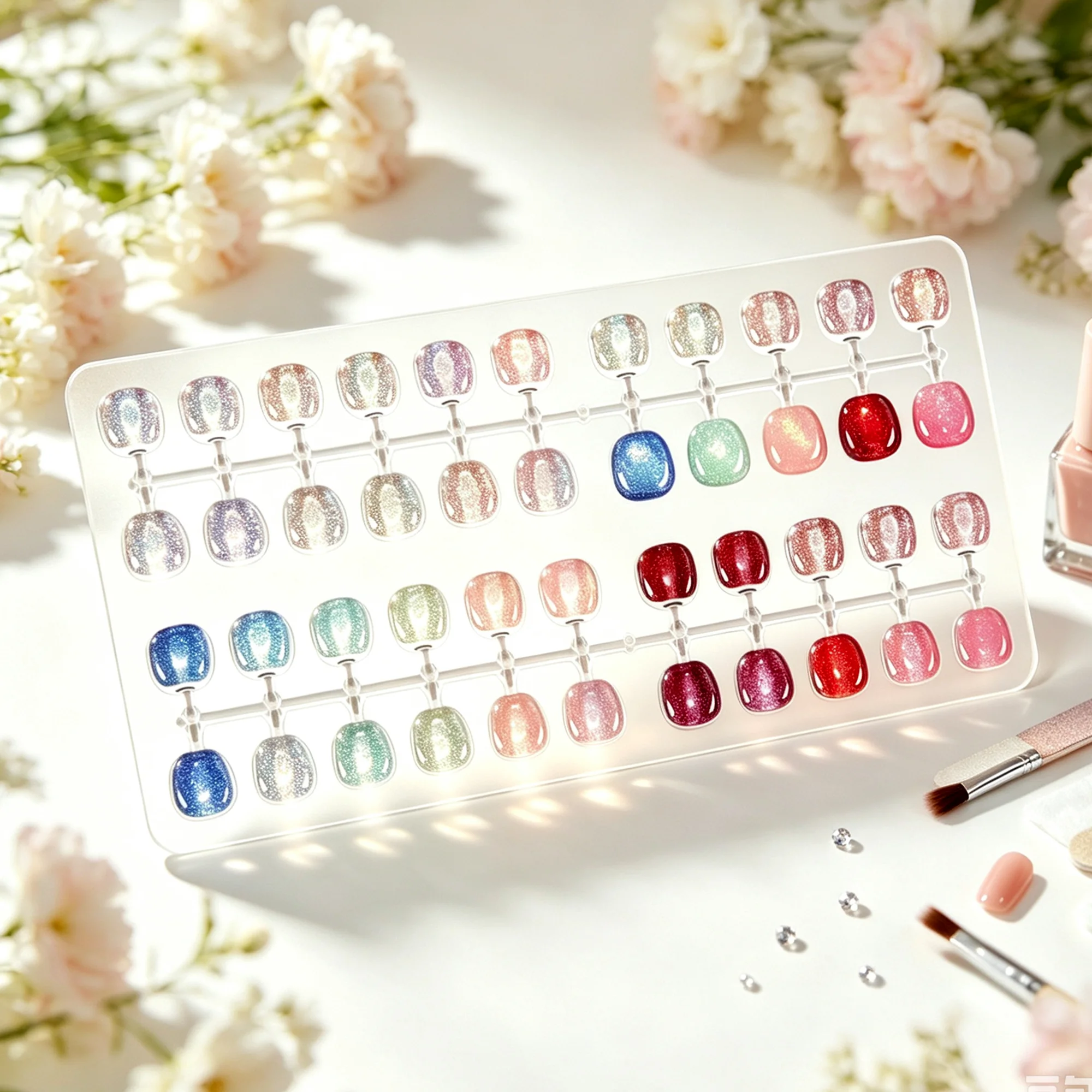 Transparent fake nail tips specially for manicurists, Suitable for use in nail salons for color testing and nail tip display.