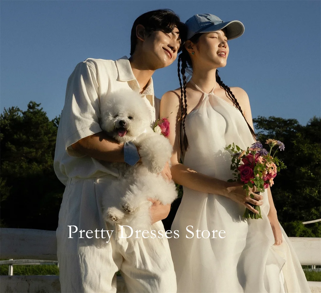 

Halter Neck Korea Style Garden Customized Wedding Dresses A-Line 프롬드레스 Sleeveless Organza Layered Bride Growns Party Women