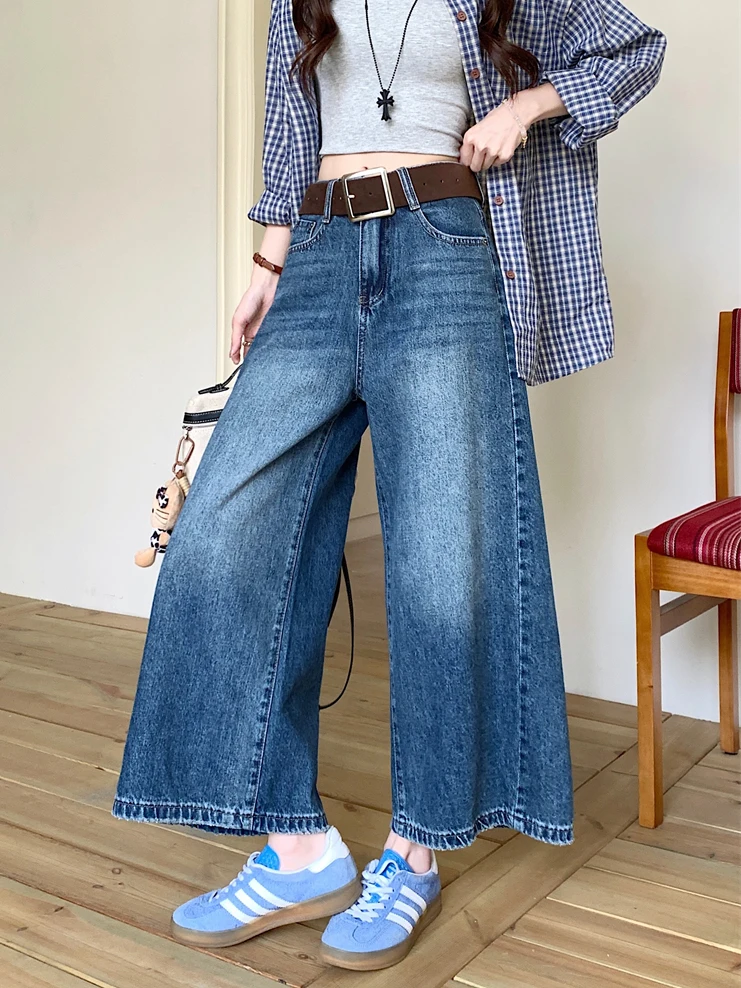 

Retro American Style Women's High Waist Embroidered Wide Leg Jeans Loose Fit Spring Slimming Nine Point Pants Casual Wear
