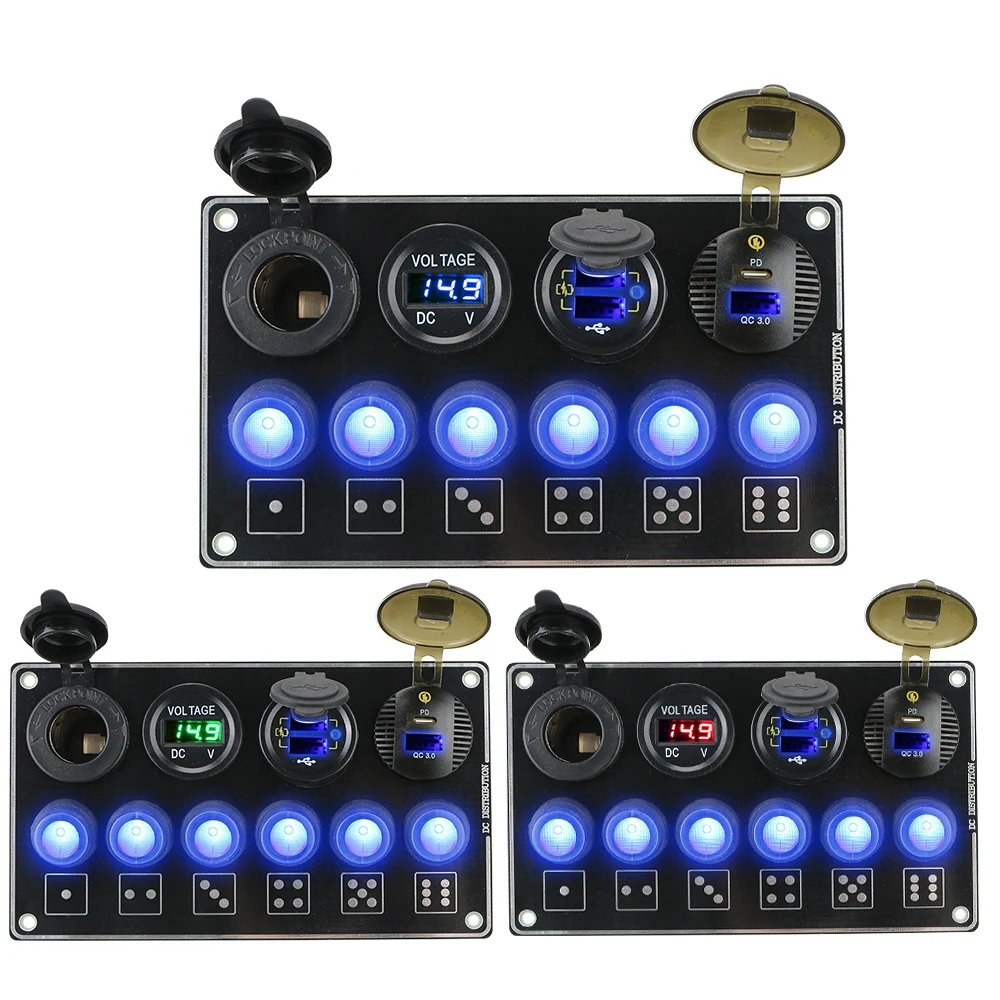 12/24V LED Voltage Display 6 Gang PD USB QC3.0 Quick Charge Car Switch Panel