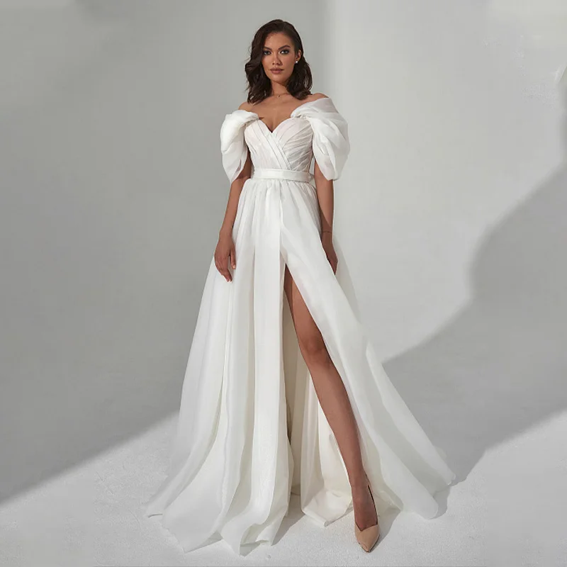 

Elegant Off The Shoulder Sweetheart A Line Wedding Dresses With Side Slit Belt Back Bow Floor Length Vestido De Novia 2023