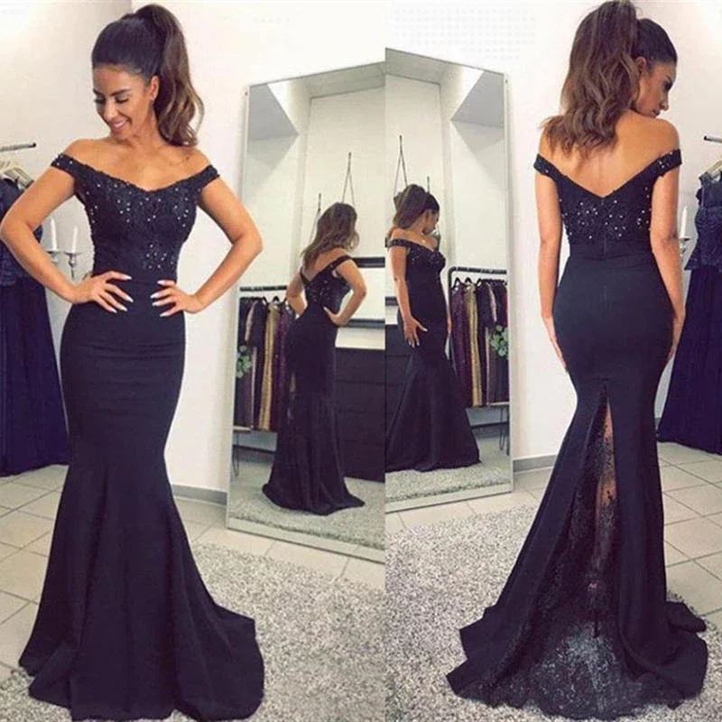 

Sexy Off The Shoulder Navy Blue Satin Mermaid Long Prom Dresses Lace Applique Beaded Sweep Train Formal Party Evening Gowns