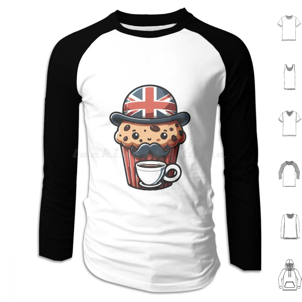 Linda sudadera con capucha de Muffin inglés de algodón de manga larga té Muffin inglés desayuno Cupcake galleta hornear Unión Jack bigote