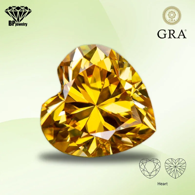 

Moissanite Diamond Golden Yellow Color Heart Cut Lab Grown Synthetic Gemstone for Charms Jewelry Making with GRA Certificate