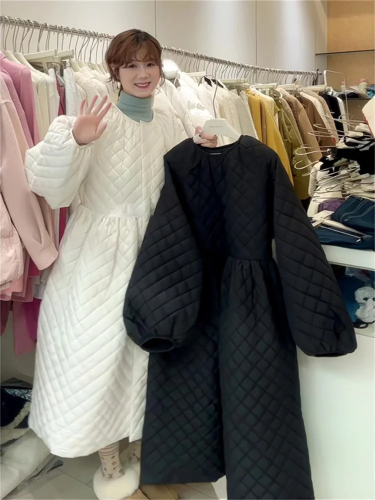 

Long Quilted Cotton Jaet Women's Retro Sle Spring New Faion Diamond Pattern Coat Korean Loose Fit Regular Sve Zipper