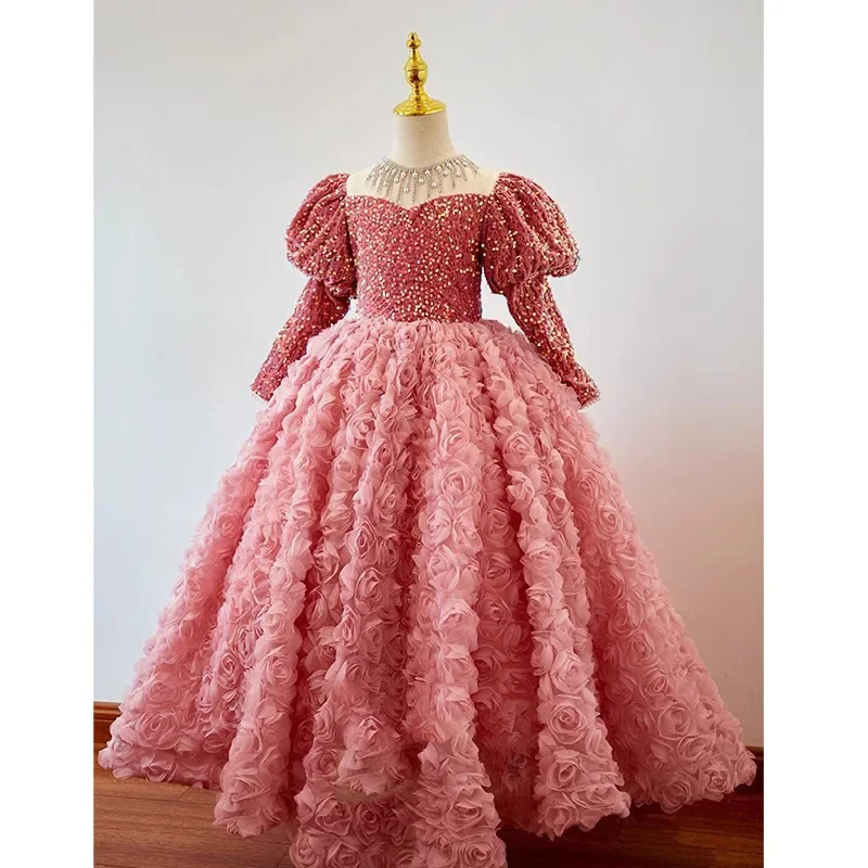 Children's Dress for Kids Girls Pink Beautiful Shiny Host Birthday Banquet Princess Dresses Girls Piano Performance Rose Clothes