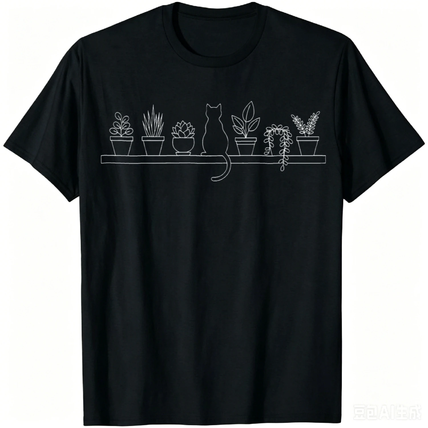 Cat Among Plants Shelf Illustration Nature Lover Women T-Shirt Cotton Summer Casual T Shirt Vintage Clothes Camiseta Streetwear