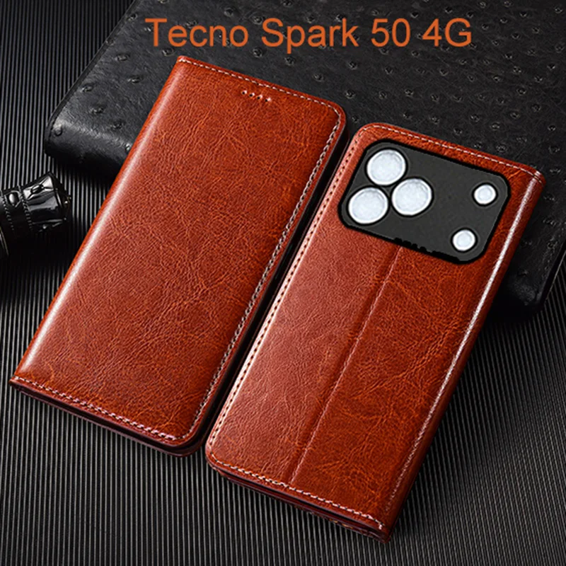 Crazy Horse Genuine Leather Flip Case For Tecno Spark 50 4G 5G Phone Cover Card Cases Scratch Proof
