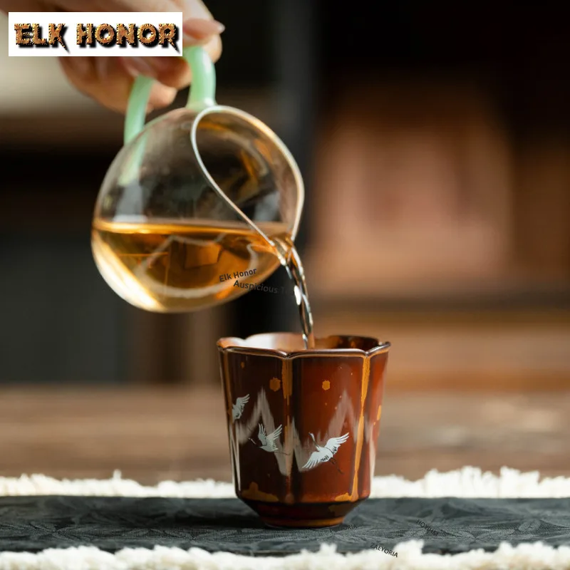 ZAEYORIA 165ml Kiln Fambe Red-crowned Crane Teacup Zen Tea Bowl Cup For Tea Tea-tasting Smelling Cup Chazhan Master Cups For Tea