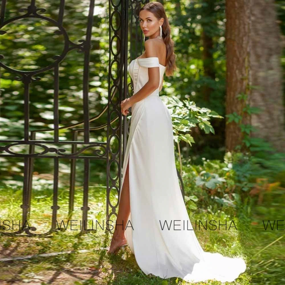 Long Women's Wedding Dresses Modern Satin Column Wedding Party Dress White Off-the-shoulder Side Split Pleat Hall Wedding Dress