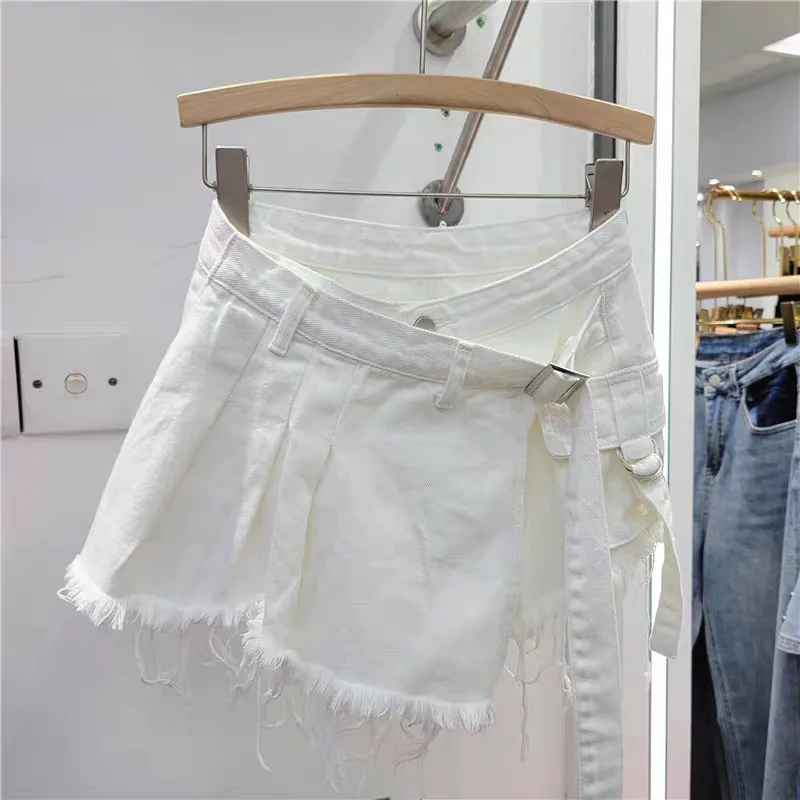 Culottes Women Shorts Skirts Denims Irregular Pleated Skorts Summer Short Pants Washed High Waist Streetwear Jeans Skirt