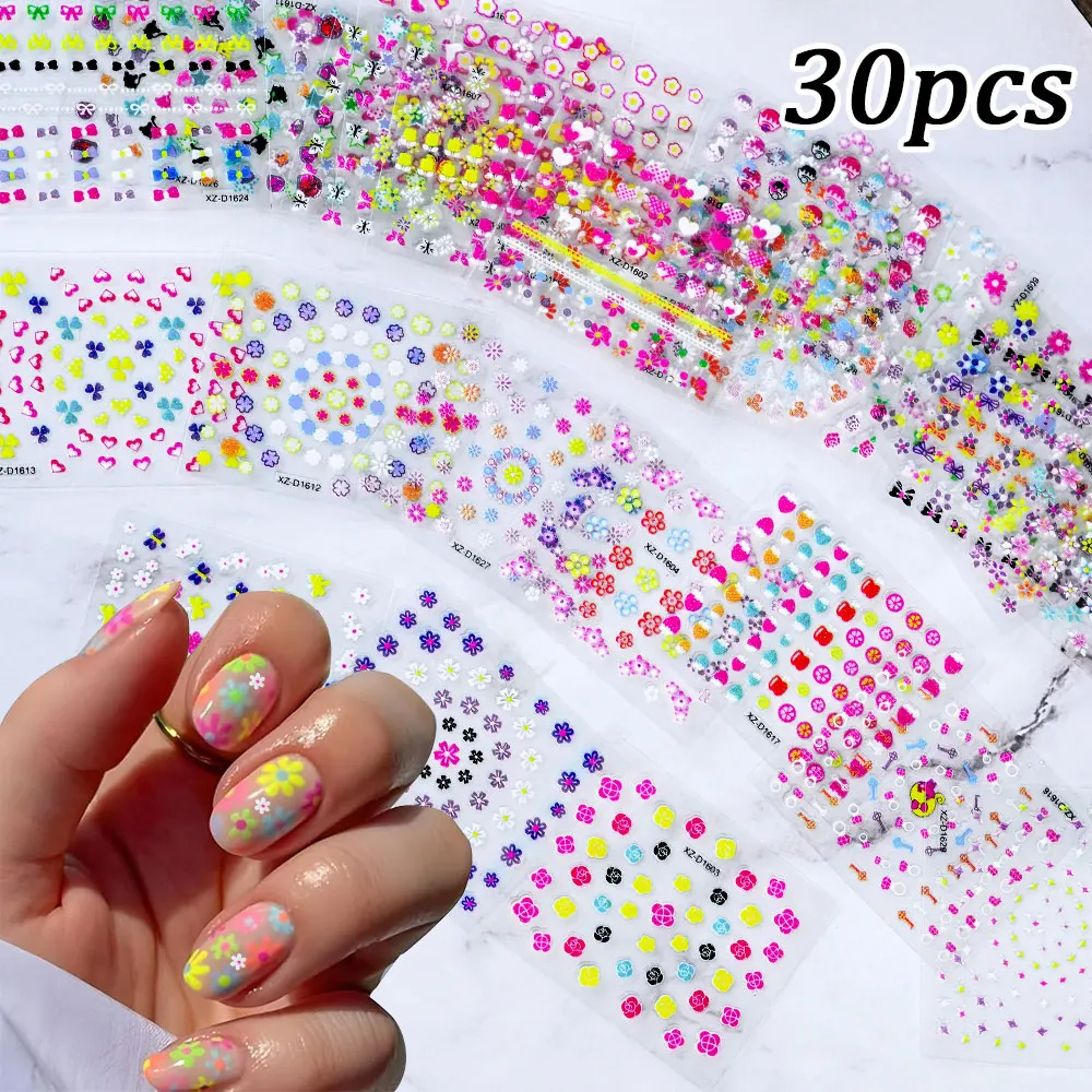 24/30pcs Coloful Mini Bloem Nail Art Stickers 3D Daisy/Lover Hart/Boog Nail Decals 5.5*6cm Zelfklevende Nail Art Decoraties