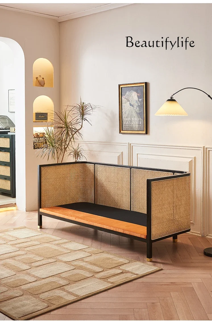 Wabi Sandy Wind Solid Wood Sofa Japanese Home Design Rattan Sofa Fabric