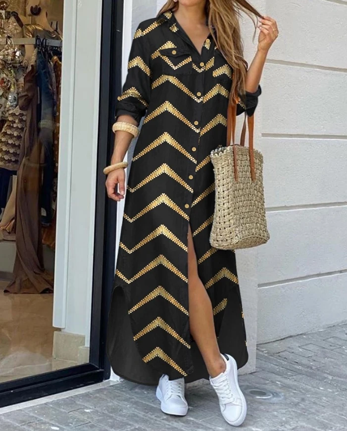 

New Fashion 2024 Summer Casual Sexy Dresses Women Elegant Bronzing Chevron Print Buttoned Shirt Dress Female Clothing Outfits