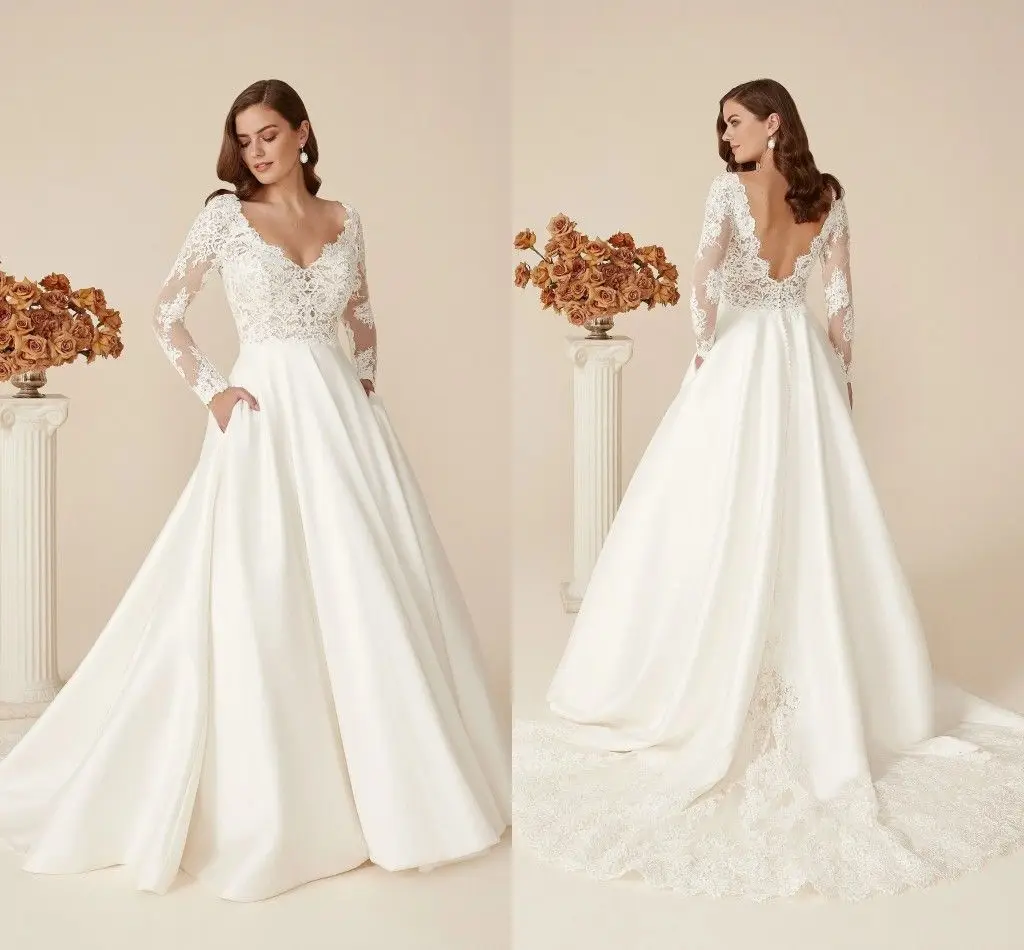 Modeest Satin A Line Wedding Dresses With Pocket Sexy V Neck Lace Appliqued Long Sleeves Boho Garden Bridal Gowns Sweep Train