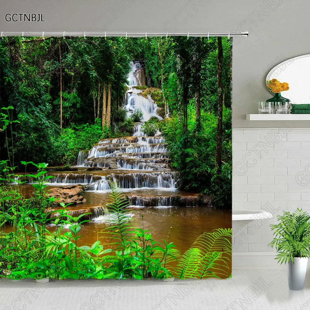 Forest Landscape Shower Curtains Tree Waterfall Mount Fuji Scenery Polyester Cloth Bathroom Curtain Set Bathtub Decor With Hooks