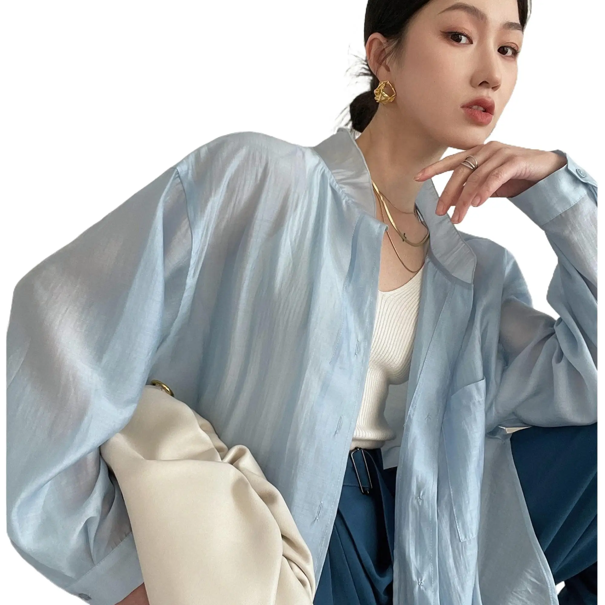 

Spring Fashion oversize Artificial silk Shirt Summer Women Sunscreen Blouse plus size Temperament Casual Tops 한국 여자 옷